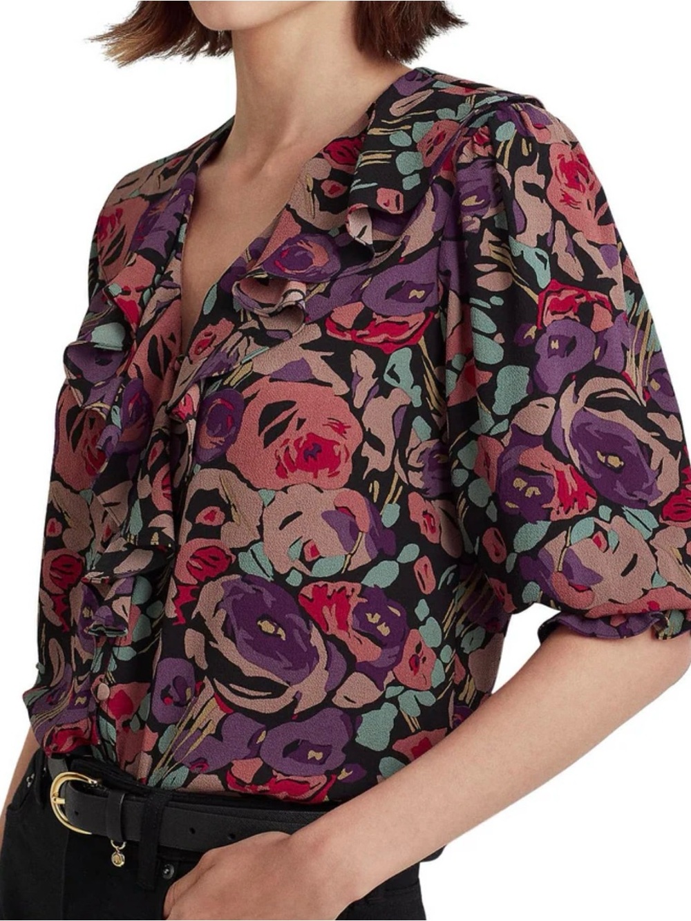Lauren Ralph Lauren XL Floral Sheer Button Down Crepe Blouse Ruffle Balloon Puff